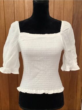 White Smocked Square-Neck Blouse with Ruffle Trim